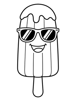 A cheerful cartoon popsicle coloring page wearing stylish sunglasses and smiling brightly.