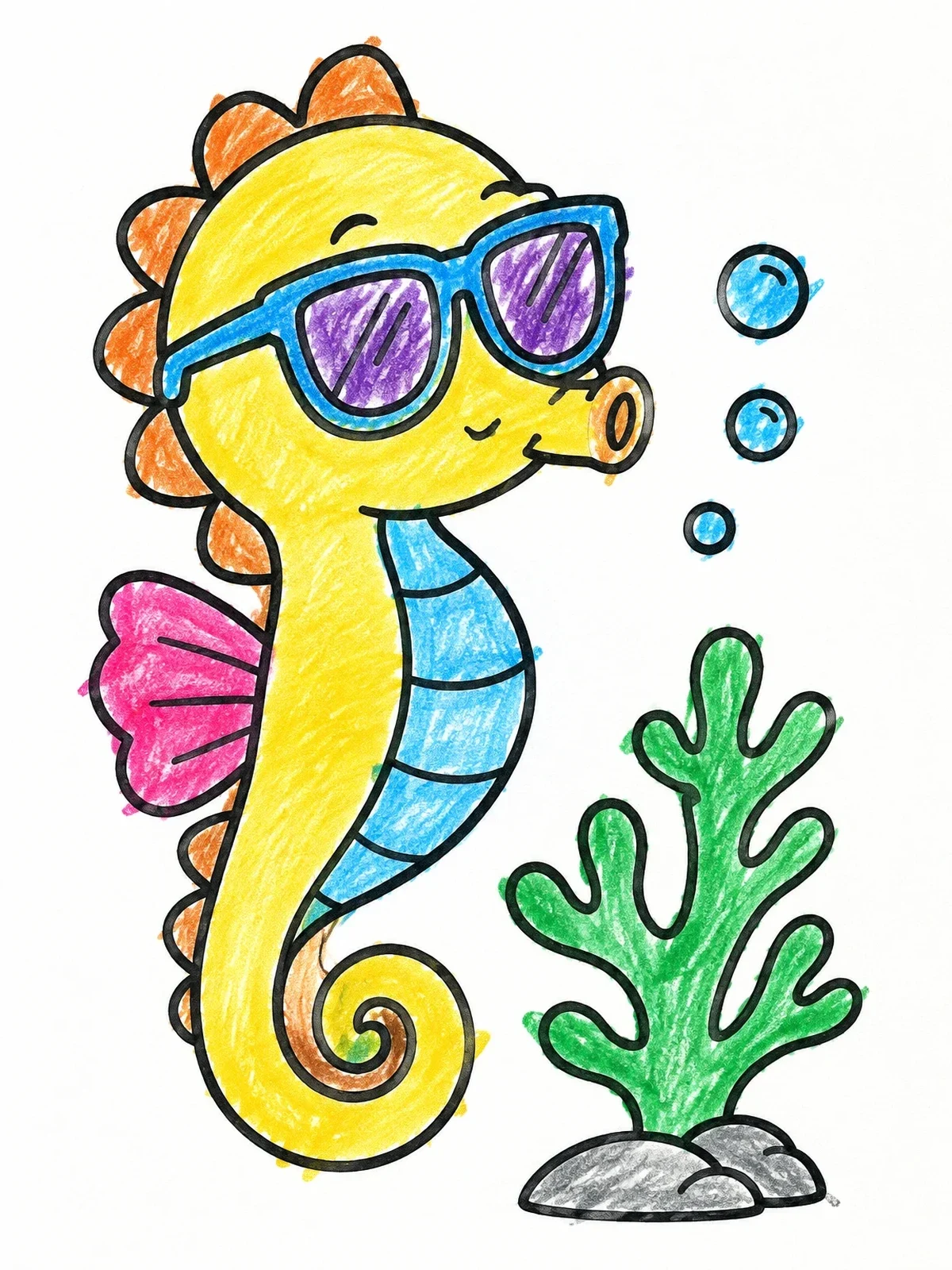 Colored example of the Cool Seahorse With Sunglasses coloring page
