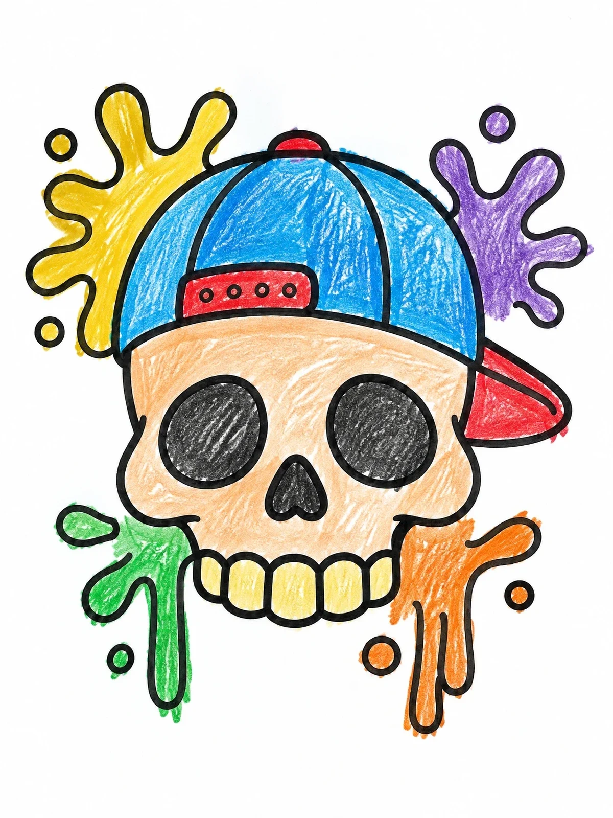 Colored example of the Cool Skull Wearing A Baseball Cap coloring page