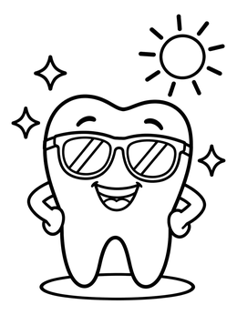 A happy tooth coloring page featuring a cool cartoon character with sunglasses and sun.