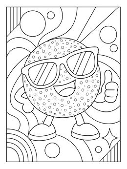 A cheerful candy coloring page of a round sour sweet wearing sunglasses and giving a thumbs up.