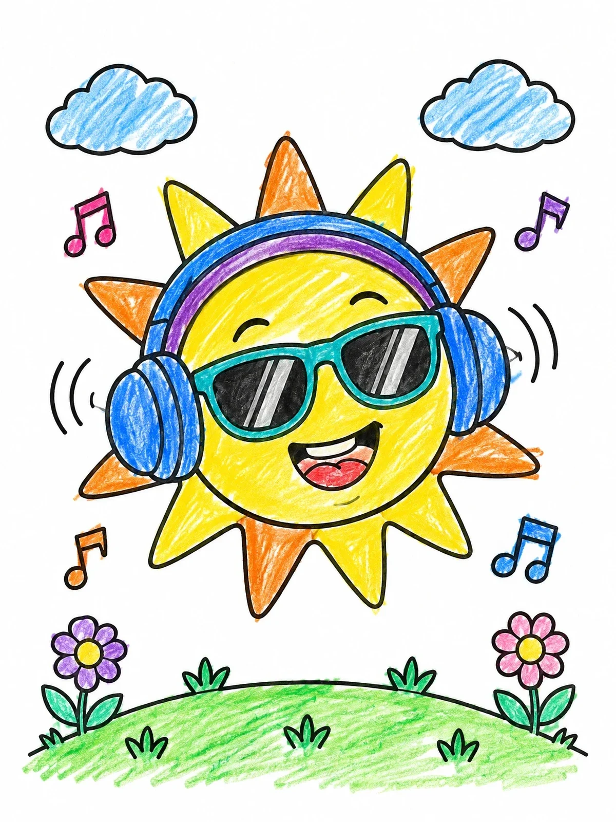 Colored example of the Cool Sun Listening To Music coloring page