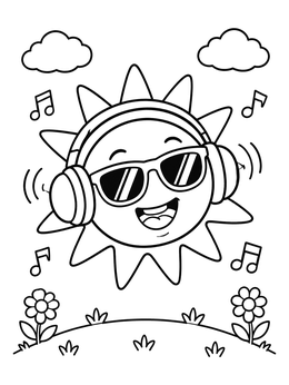 A cheerful sun coloring page with headphones, sunglasses, and musical notes.