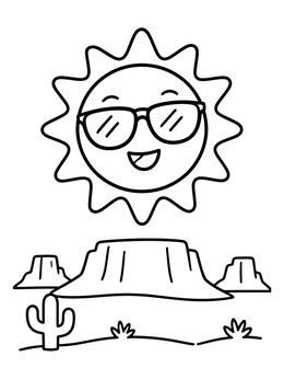 A smiling sun with sunglasses shines over a desert coloring page with flat mesas.