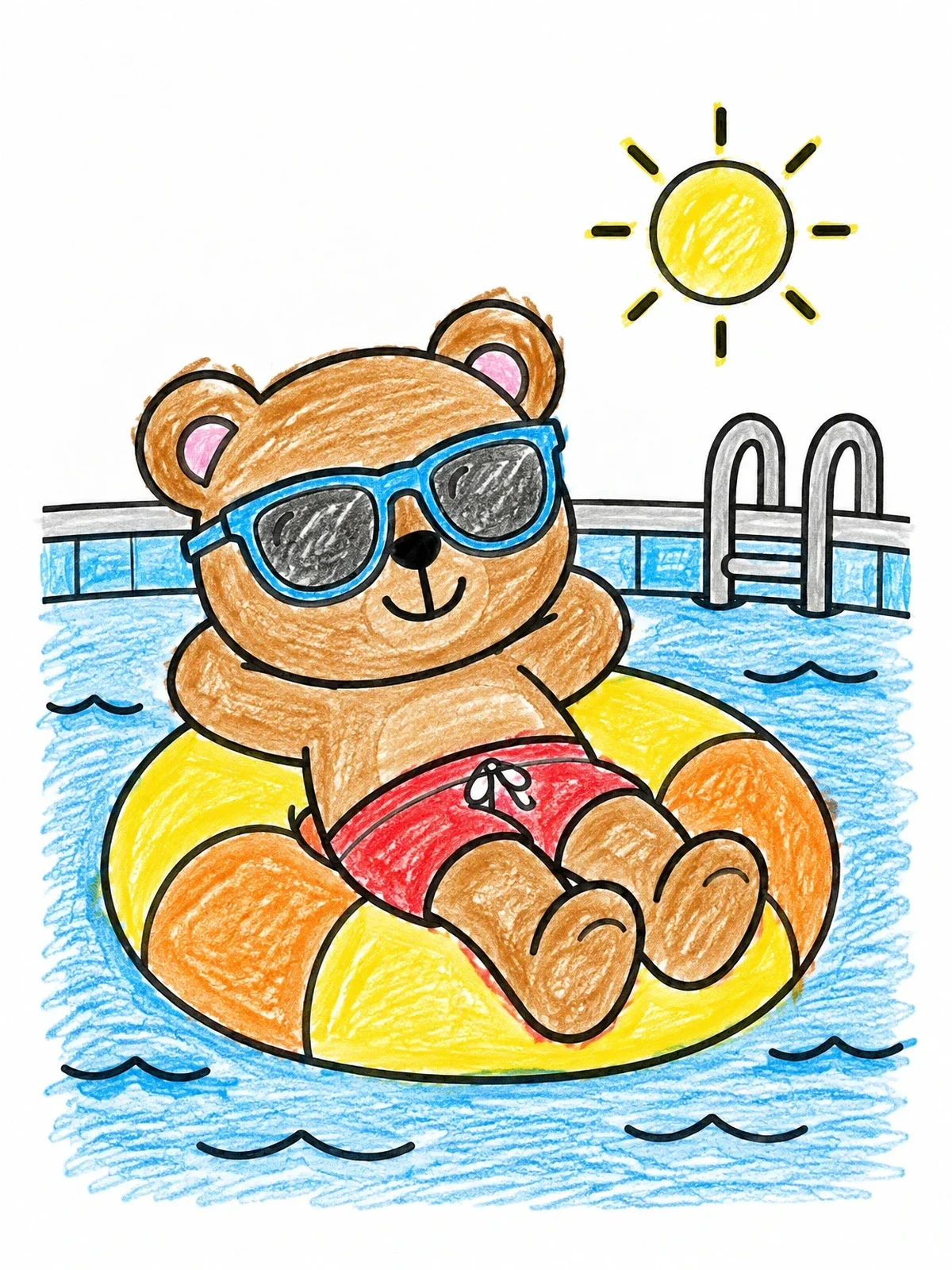 Colored example of the Cool Teddy Bear In The Pool coloring page