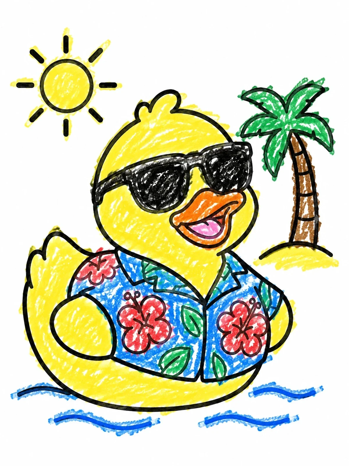 Colored example of the Cool Tropical Beach Rubber Duck coloring page