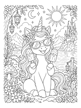 A cheerful unicorn ice cream coloring page featuring sunglasses, popsicles, and a castle landscape.