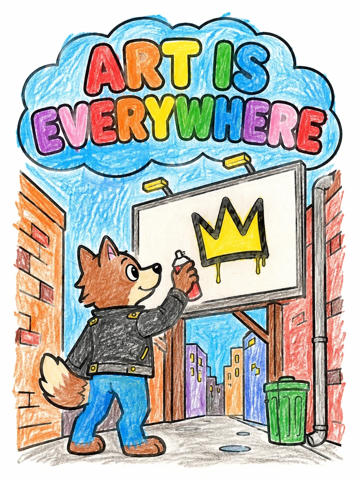 Colored example of the Cool Wolf Spraying Street Art coloring page