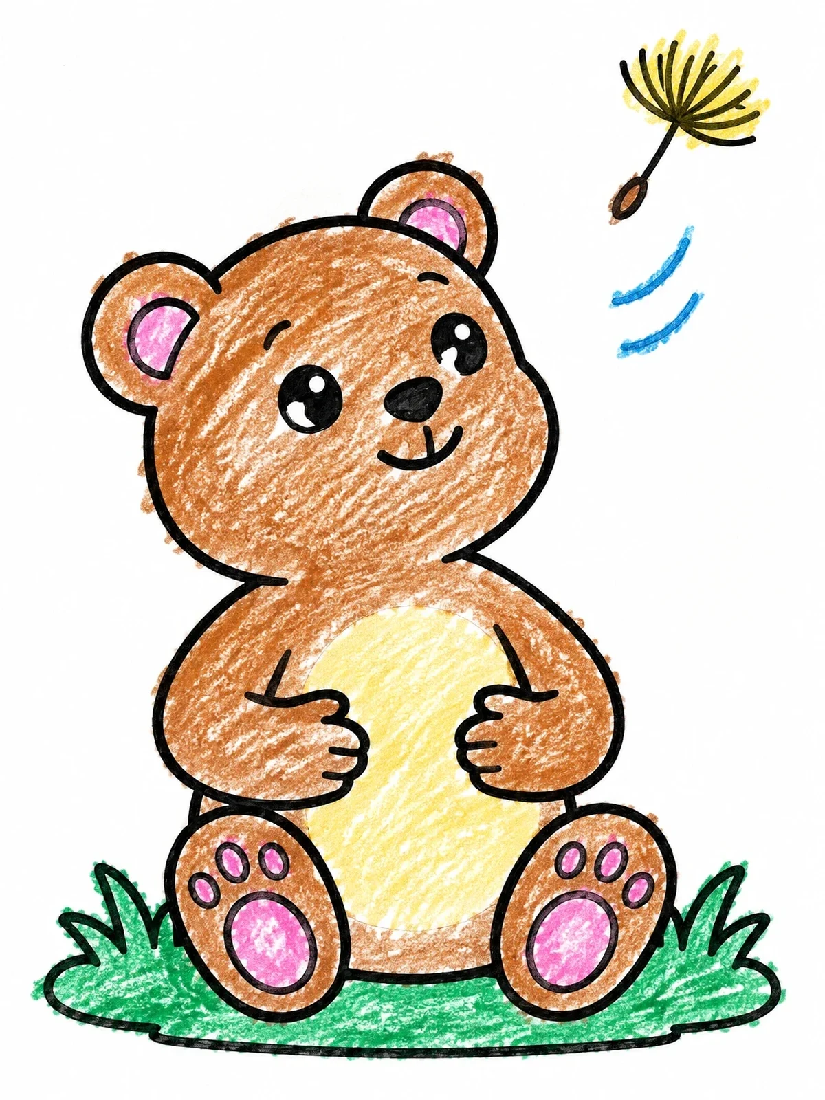 Colored example of the Calm Bear Breathing With Dandelion coloring page