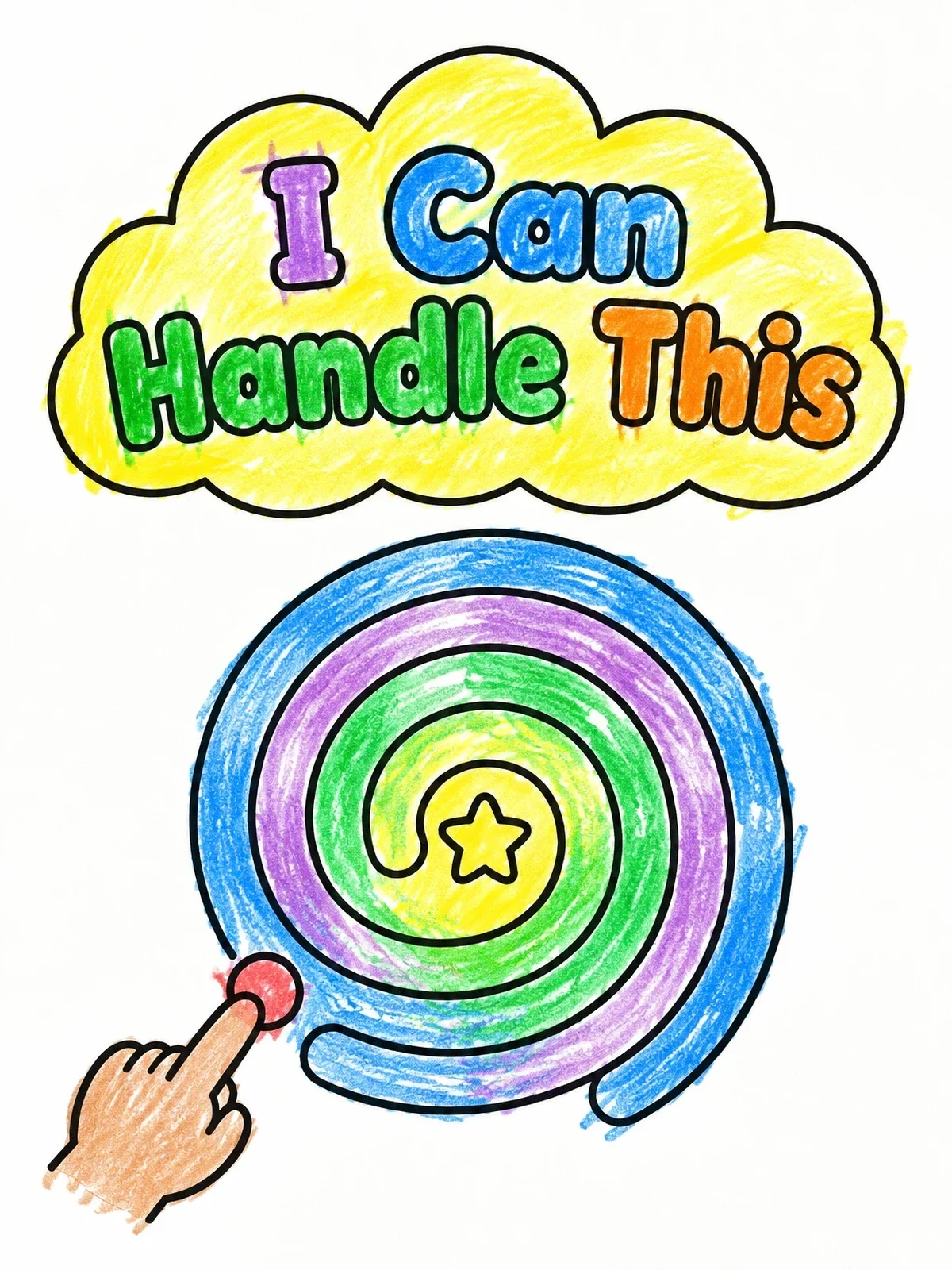 Colored example of the Calming Finger Labyrinth With Affirmation coloring page