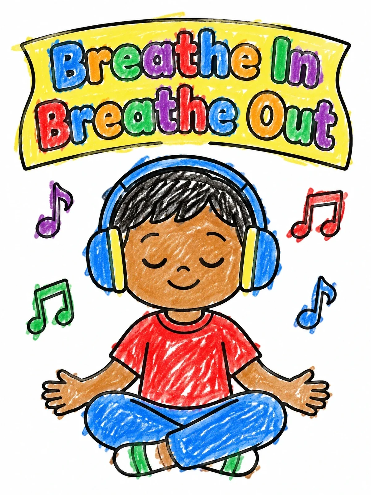 Colored example of the Child Meditating With Music coloring page