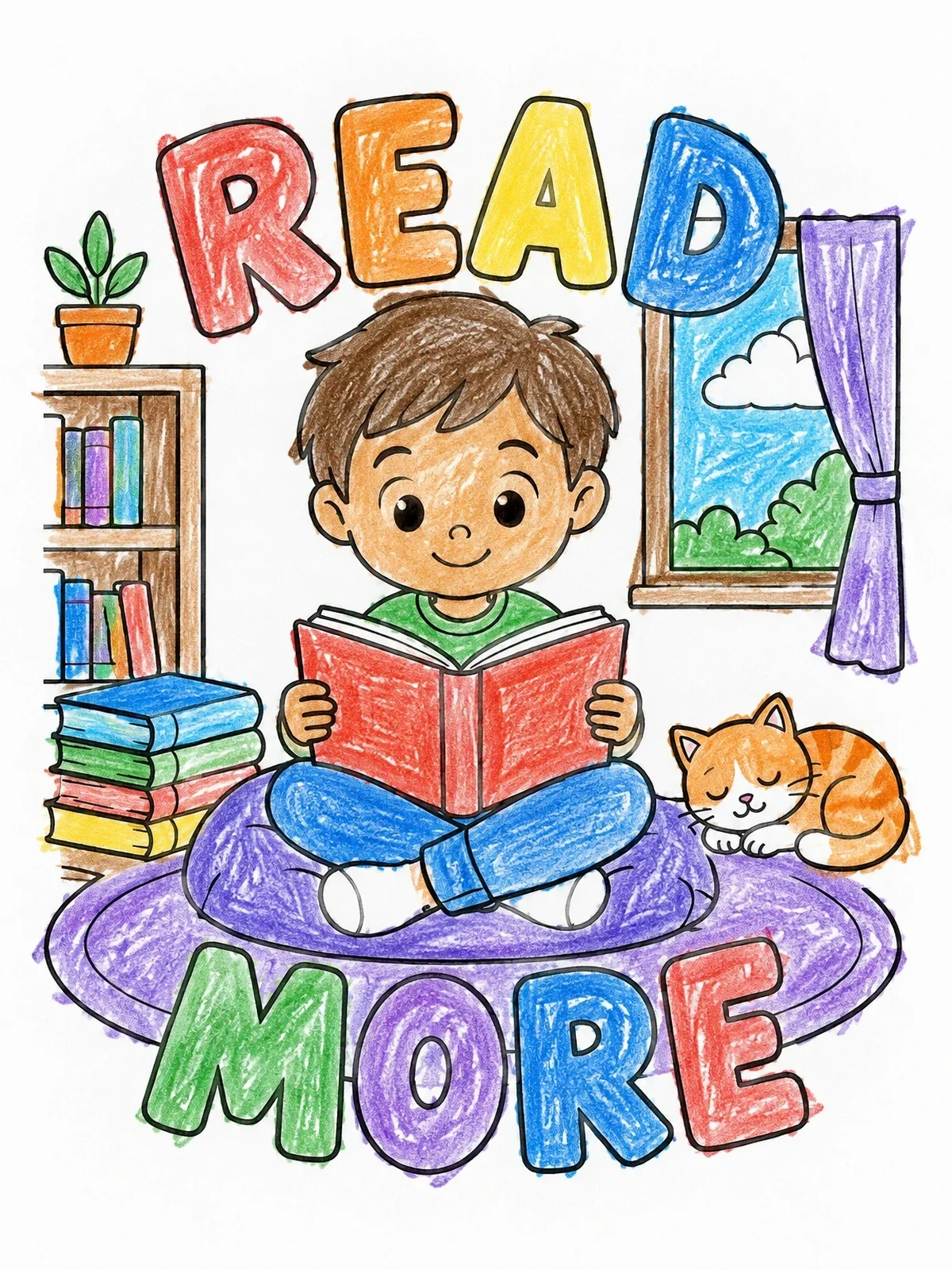 Colored example of the Child Reading With Sleeping Cat coloring page