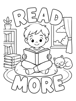 Free printable Child Reading With Sleeping Cat coloring page