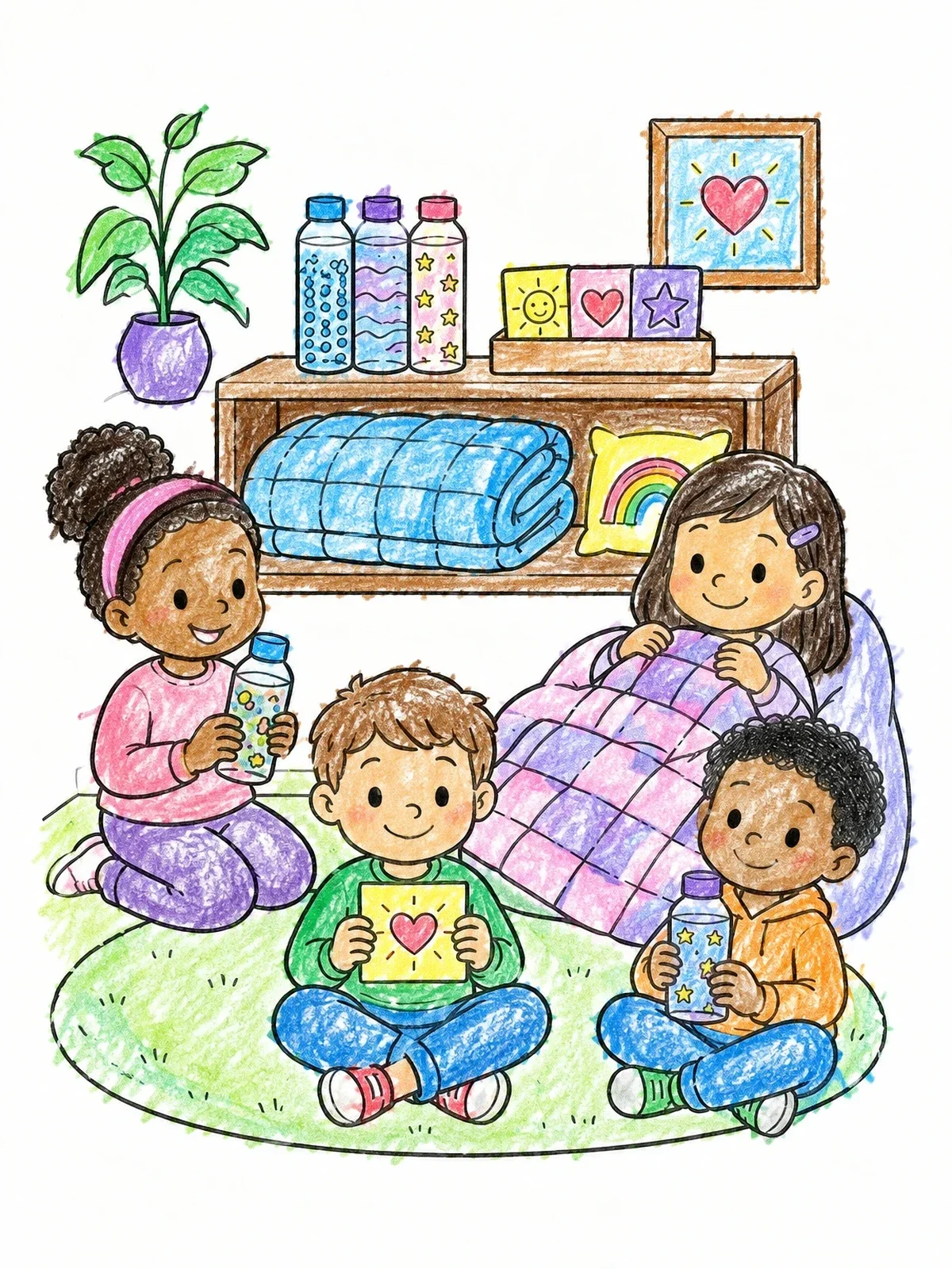 Colored example of the Cozy Calm Down Corner coloring page