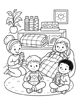 Children resting together in this cute coping skills coloring page with sensory bottles.