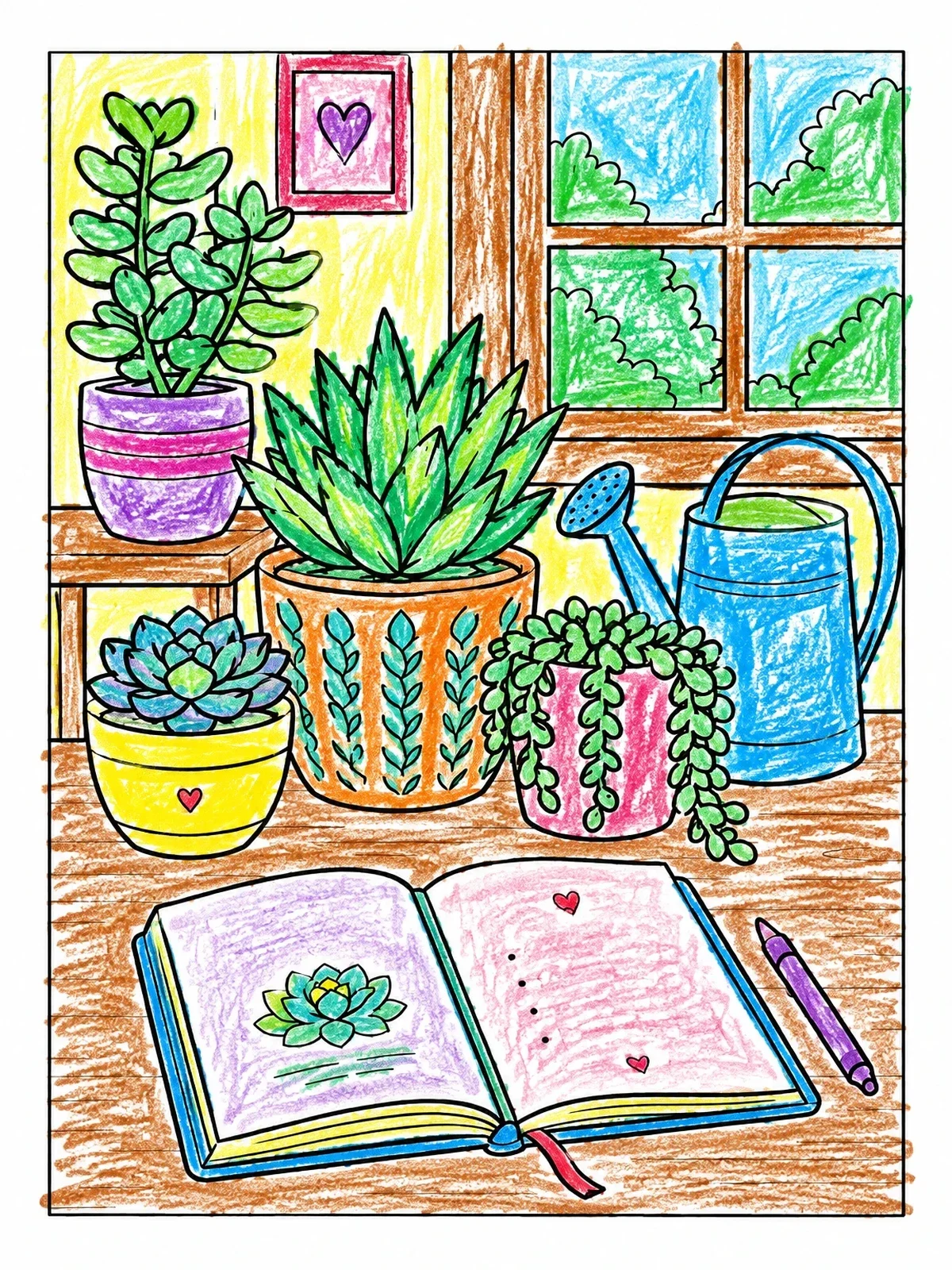 Colored example of the Cozy Indoor Plant Garden Journal coloring page