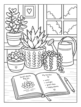 A peaceful coping skills coloring page featuring potted succulents and an open journal by a window.