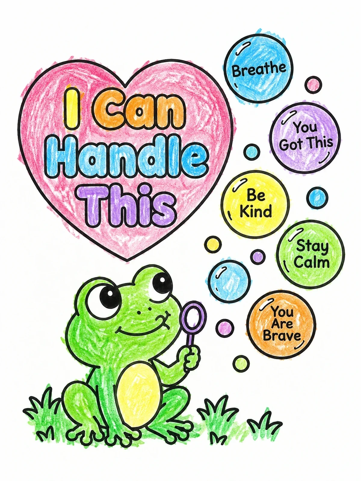 Colored example of the Cute Frog Blowing Calming Bubbles coloring page