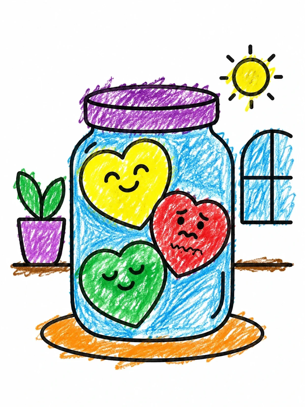 Colored example of the Feelings Jar With Emotion Hearts coloring page