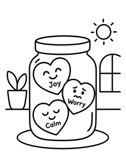 Free printable Feelings Jar With Emotion Hearts coloring page