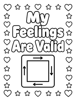 A calming coping skills coloring page featuring a breathing square surrounded by hearts and stars.