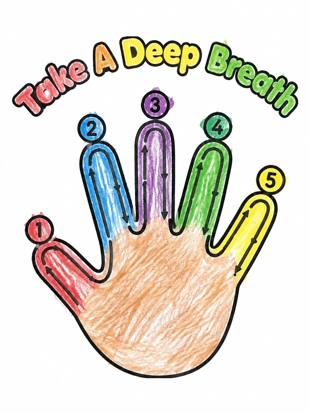 Colored example of the Five Finger Deep Breathing Exercise coloring page
