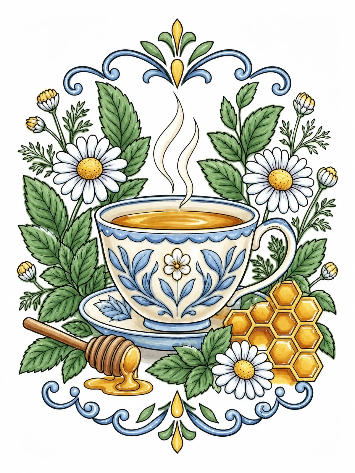Colored example of the Herbal Tea And Chamomile Flowers coloring page