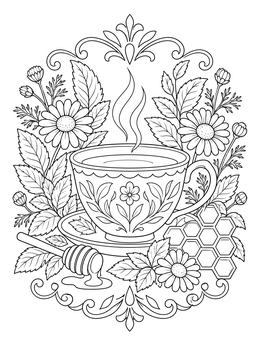 Steaming herbal tea with chamomile blossoms in this calming coping skills coloring page.