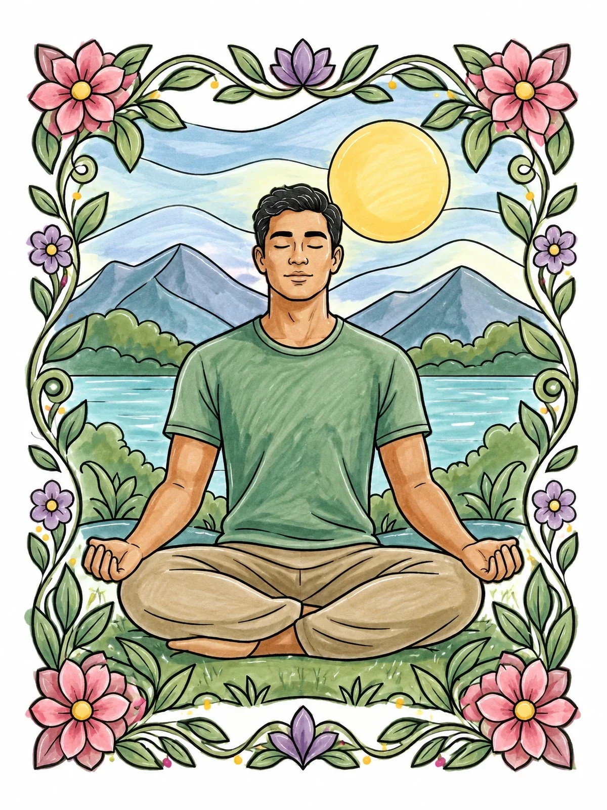 Colored example of the Meditation In Nature Floral Border coloring page