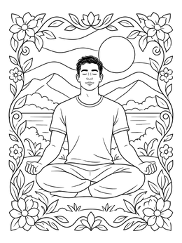 A peaceful man meditates outdoors in this coping skills coloring page with floral borders.
