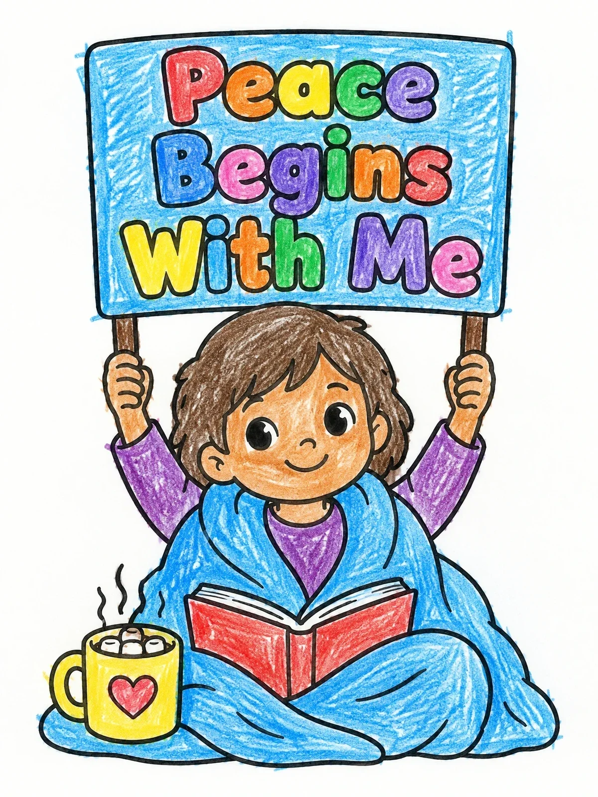Colored example of the Peace Begins With Me Cozy Reader coloring page