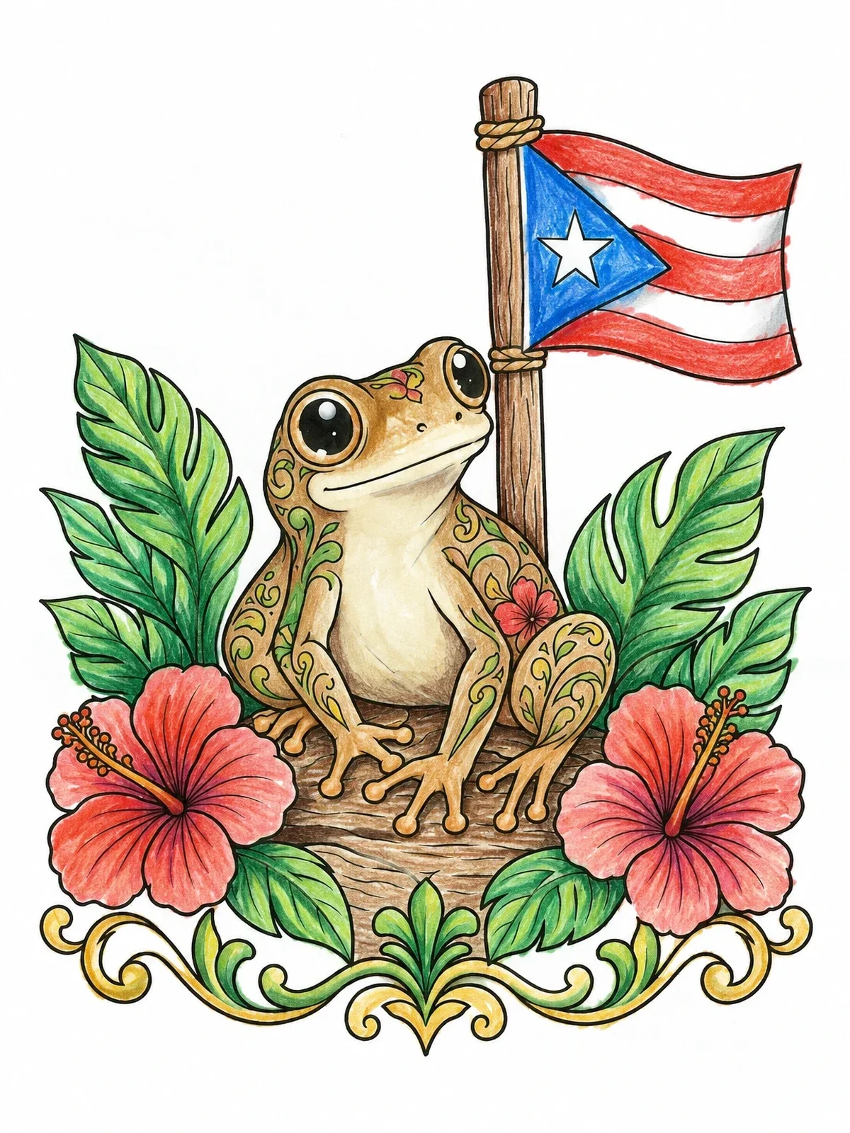 Colored example of the Coquí Frog And Puerto Rican Flag coloring page