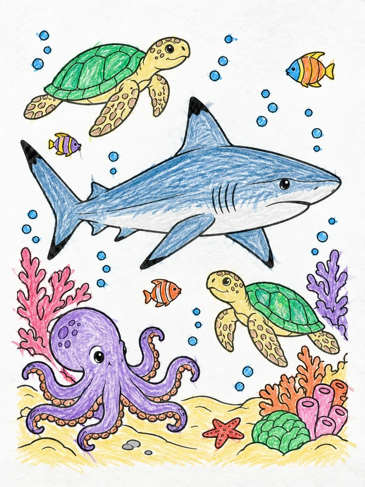 Colored example of the Blacktip Reef Shark And Sea Creatures coloring page
