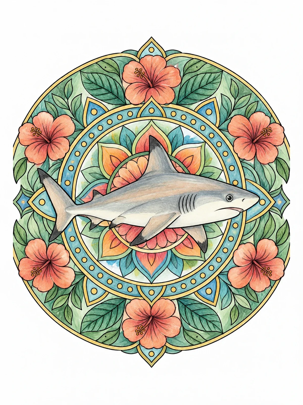 Colored example of the Blacktip Reef Shark Floral Mandala coloring page