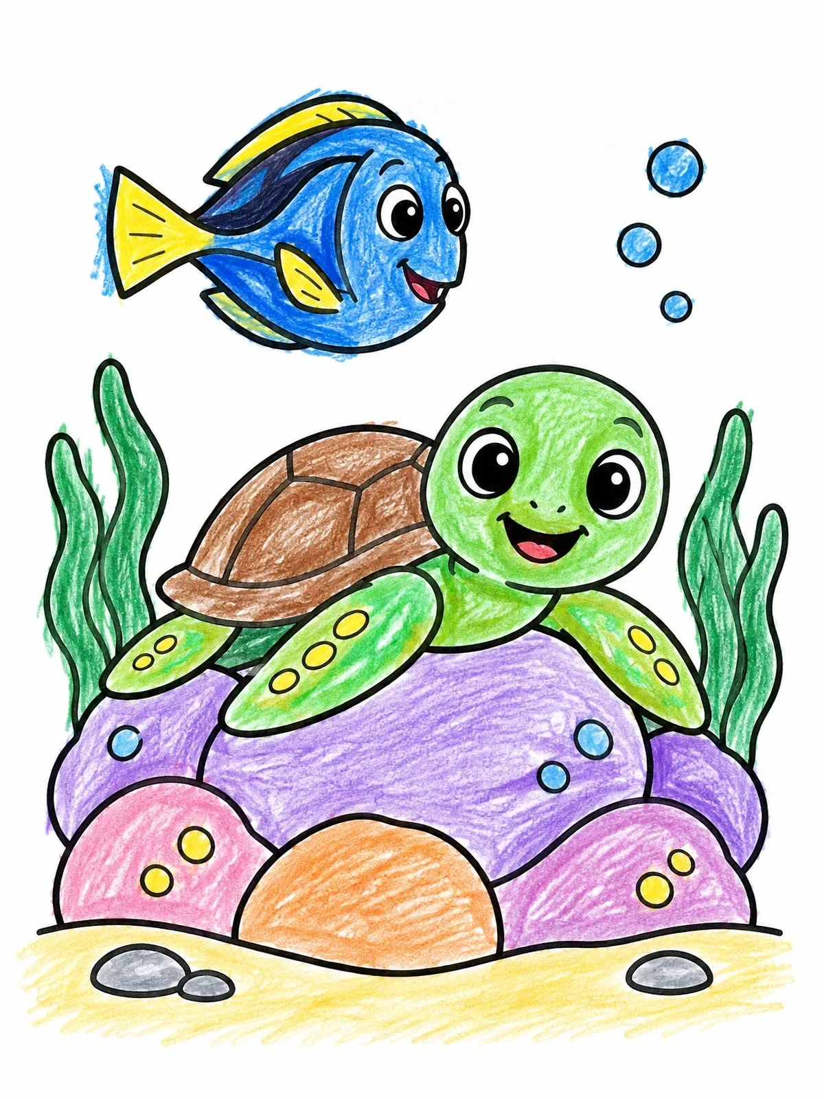 Colored example of the Blue Tang And Sea Turtle Underwater coloring page