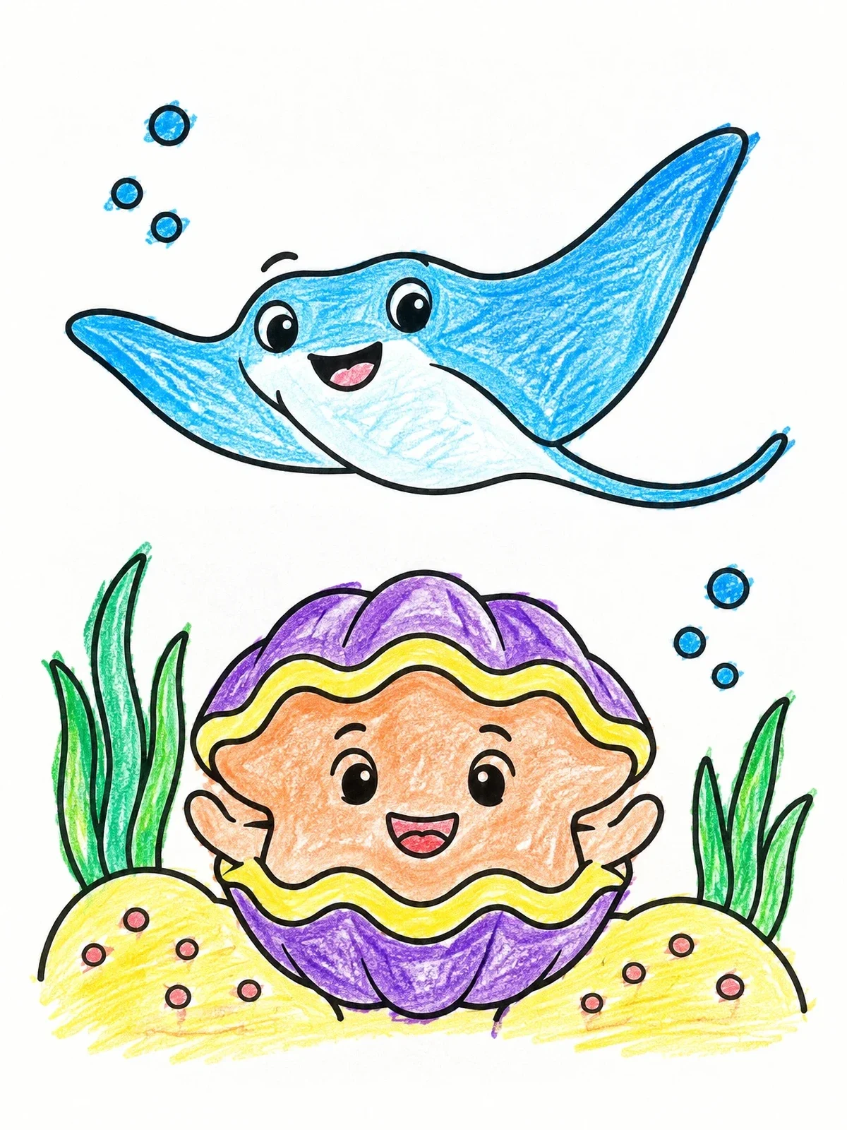 Colored example of the Cheerful Clam And Friendly Stingray coloring page
