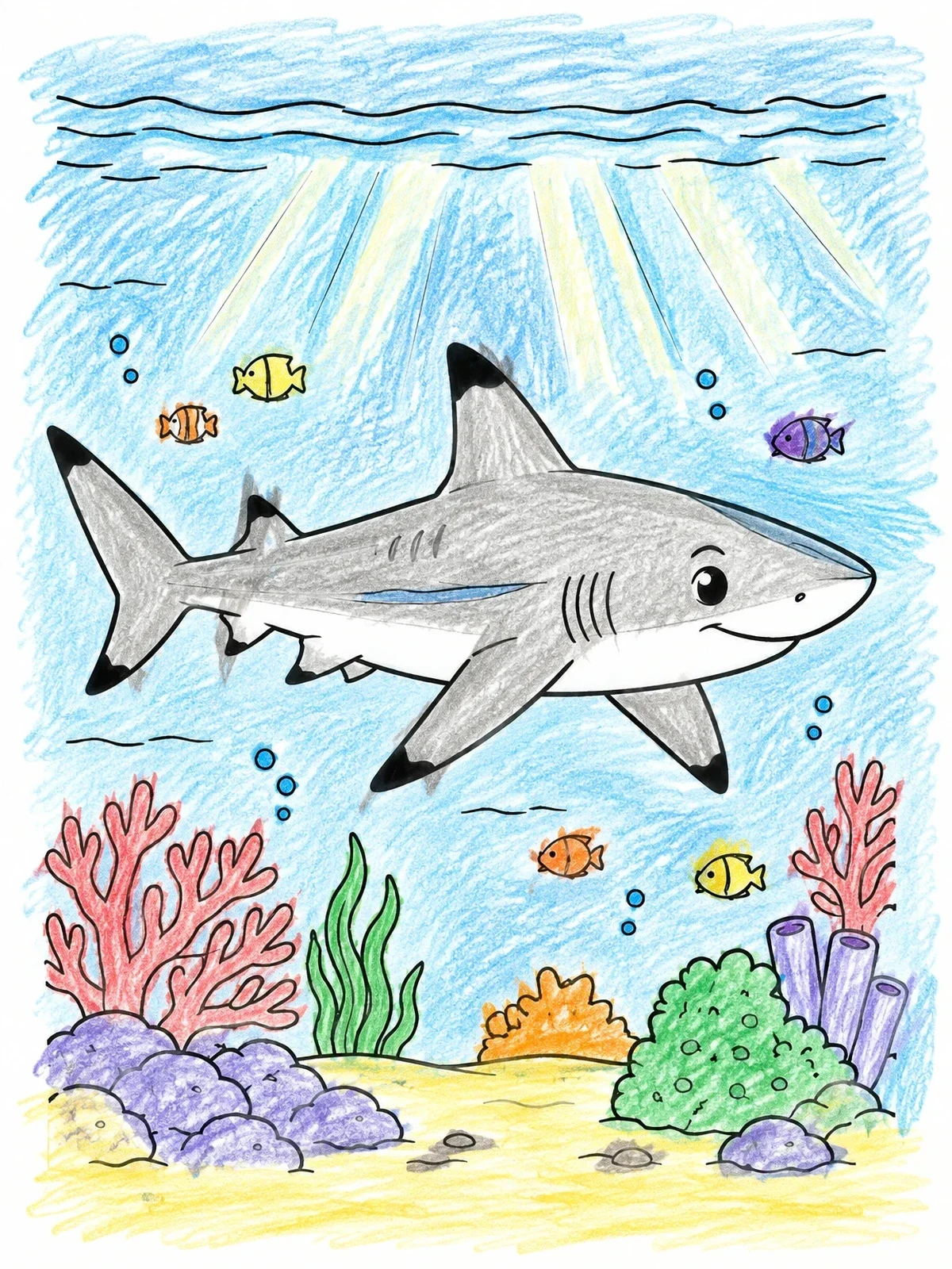 Colored example of the Cute Blacktip Reef Shark Swimming coloring page