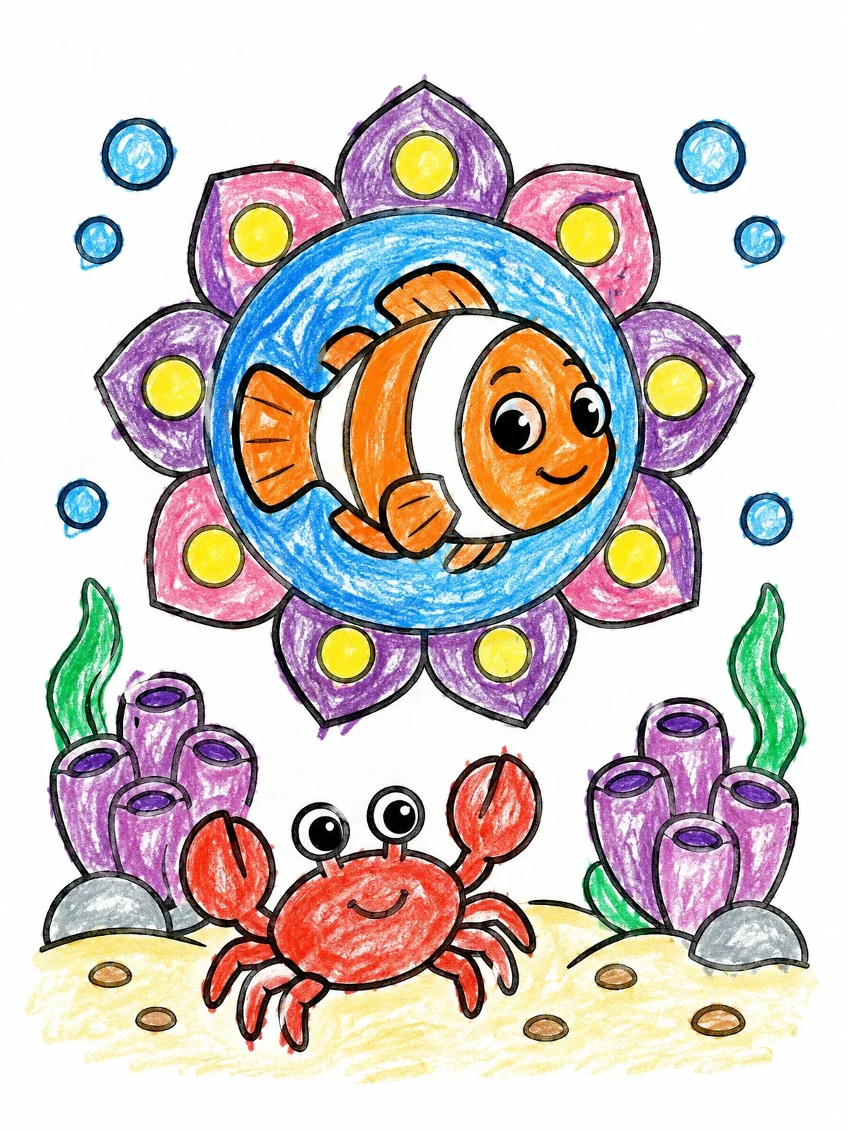 Colored example of the Cute Clownfish And Happy Crab coloring page