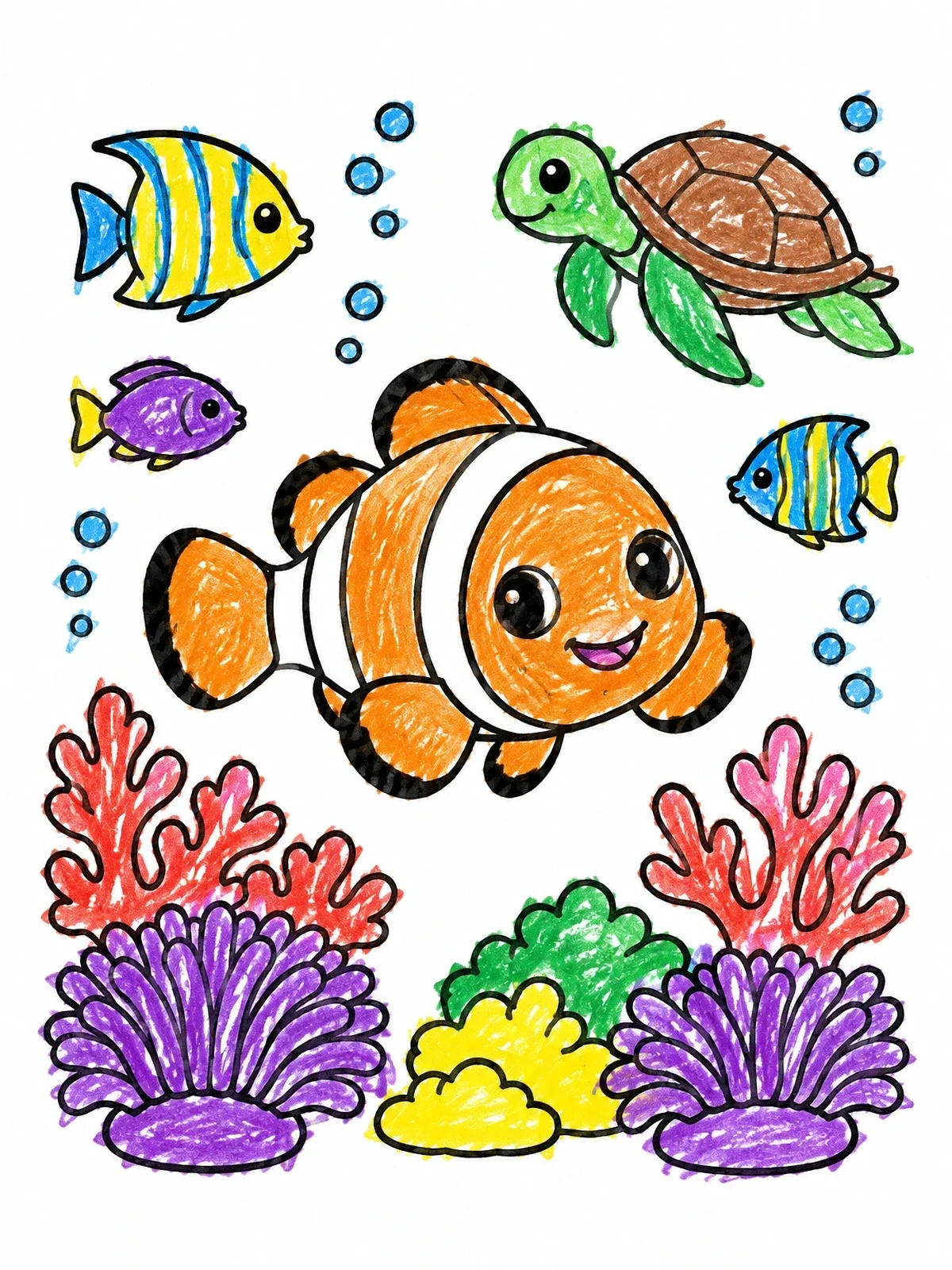 Colored example of the Cute Clownfish And Sea Turtle coloring page