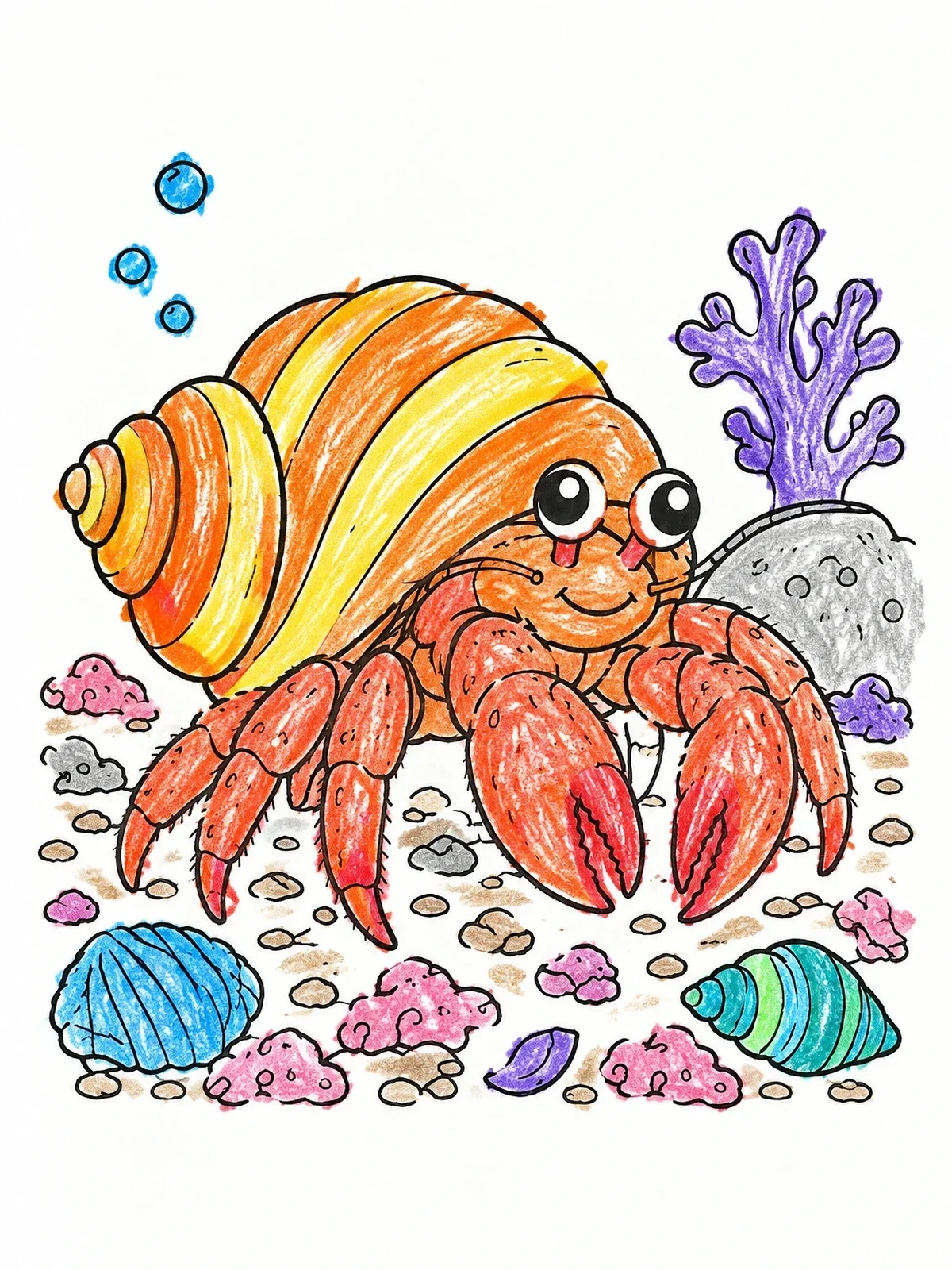 Colored example of the Cute Hermit Crab On Ocean Floor coloring page