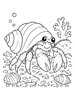Free printable Cute Hermit Crab On Ocean Floor coloring page