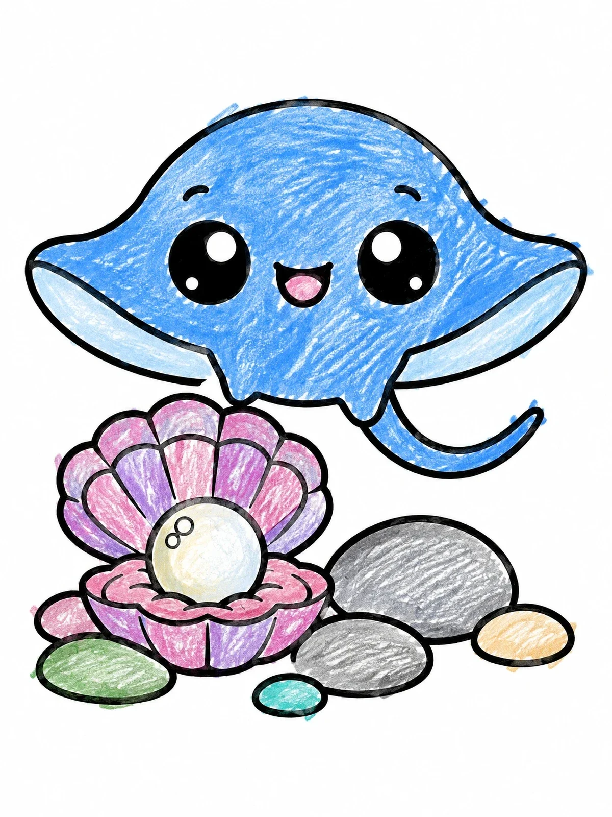 Colored example of the Cute Manta Ray And Pearl Shell coloring page
