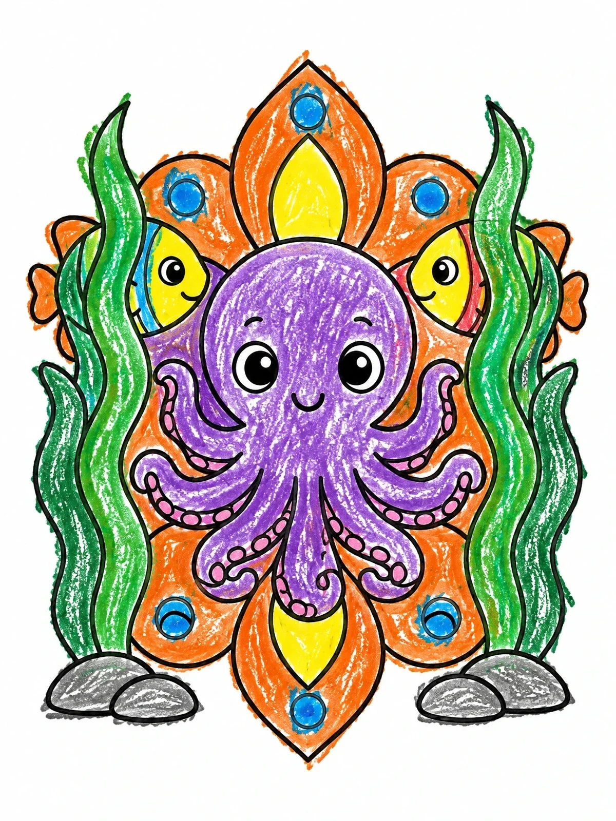 Colored example of the Cute Octopus And Fish Friends coloring page