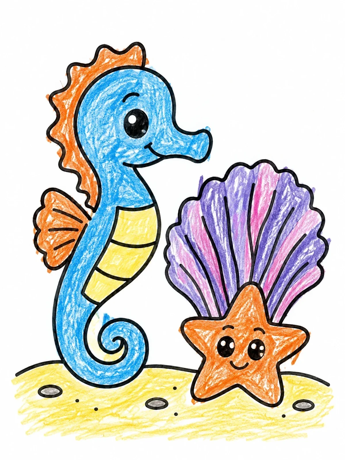 Colored example of the Cute Seahorse And Starfish coloring page