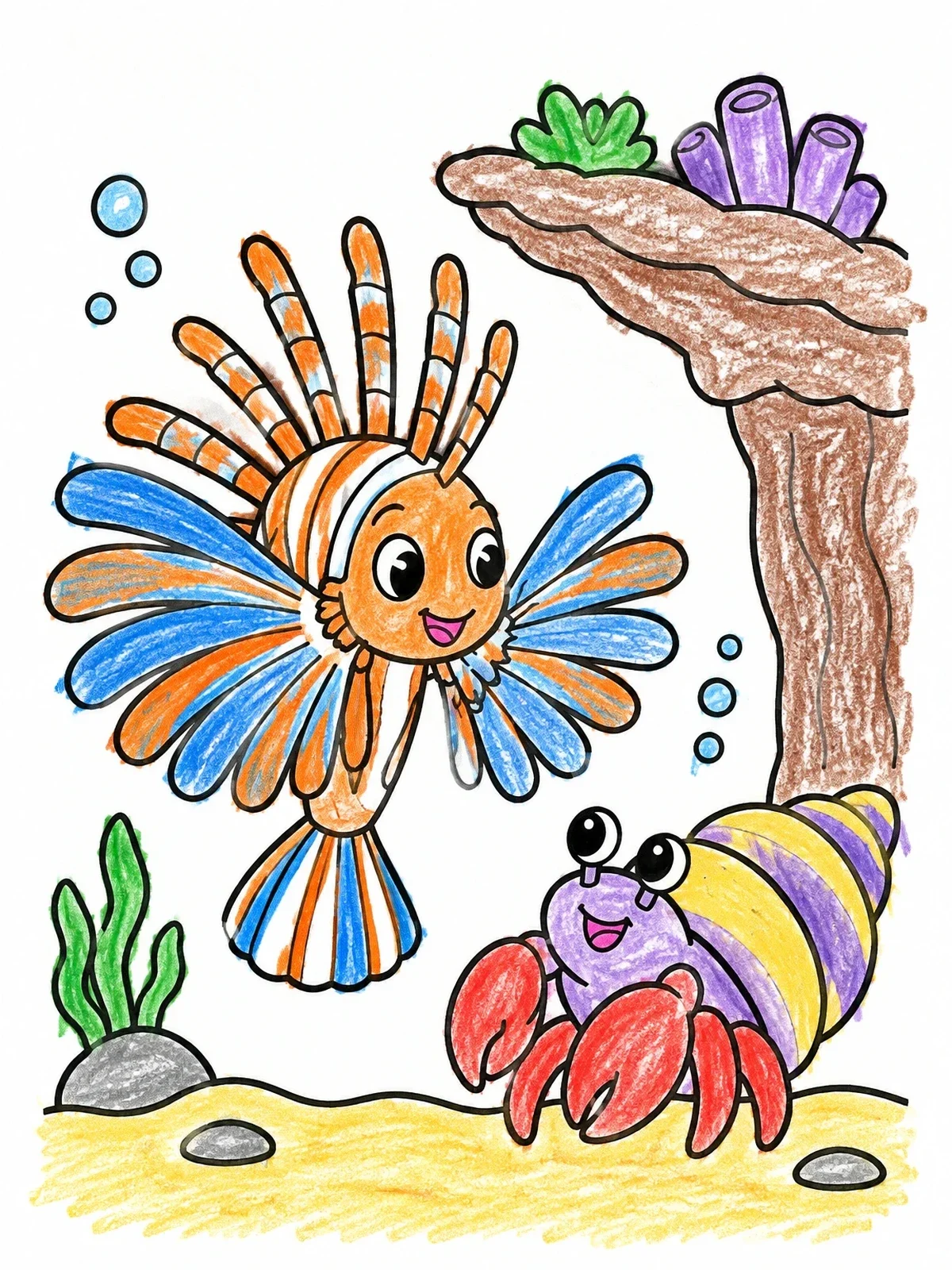 Colored example of the Friendly Lionfish And Hermit Crab coloring page