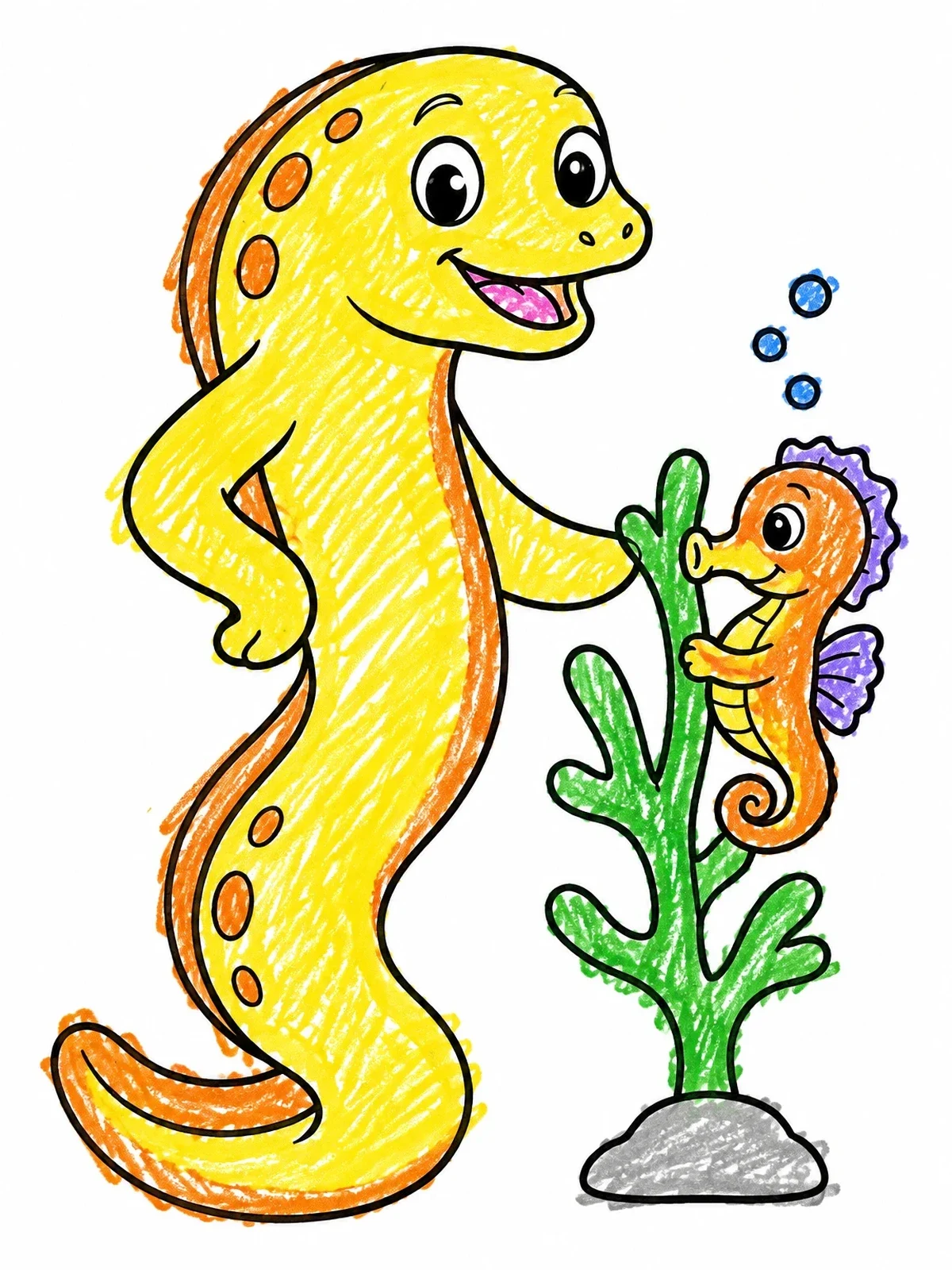 Colored example of the Friendly Moray Eel And Seahorse coloring page