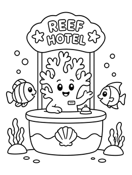 A coral coloring page showing a cartoon coral managing an underwater hotel desk for friendly fish.