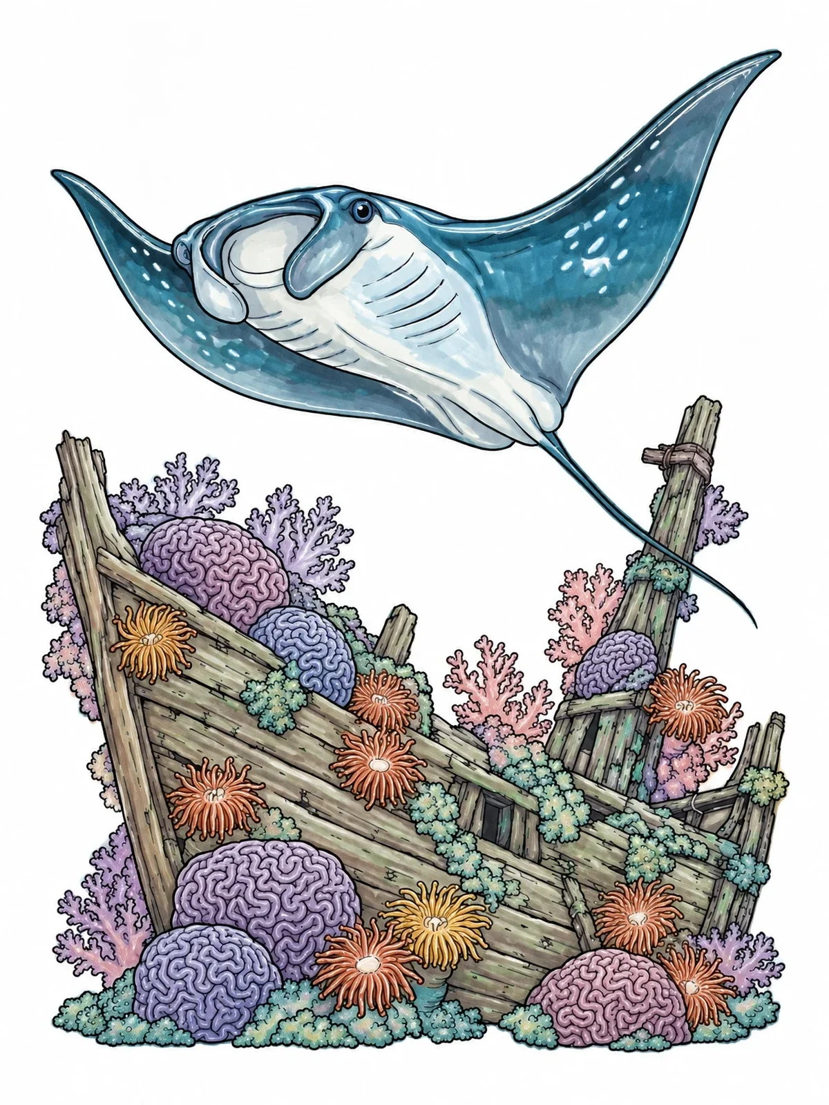 Colored example of the Manta Ray Over Sunken Shipwreck coloring page