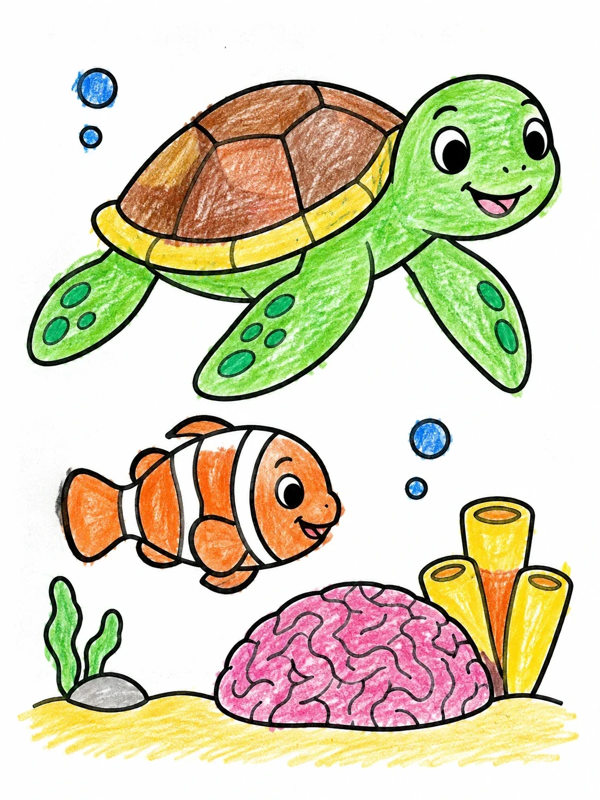 Colored example of the Sea Turtle And Clownfish Underwater coloring page