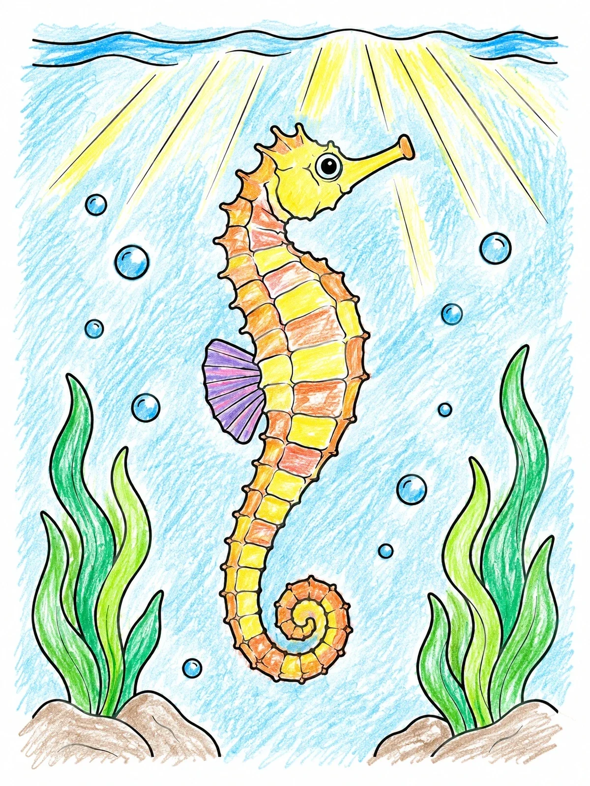 Colored example of the Seahorse Swimming In Sunlit Water coloring page